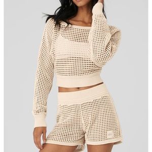 Alo yoga Open-Knit Cropped Chase The Sun Coverup in nude tan
